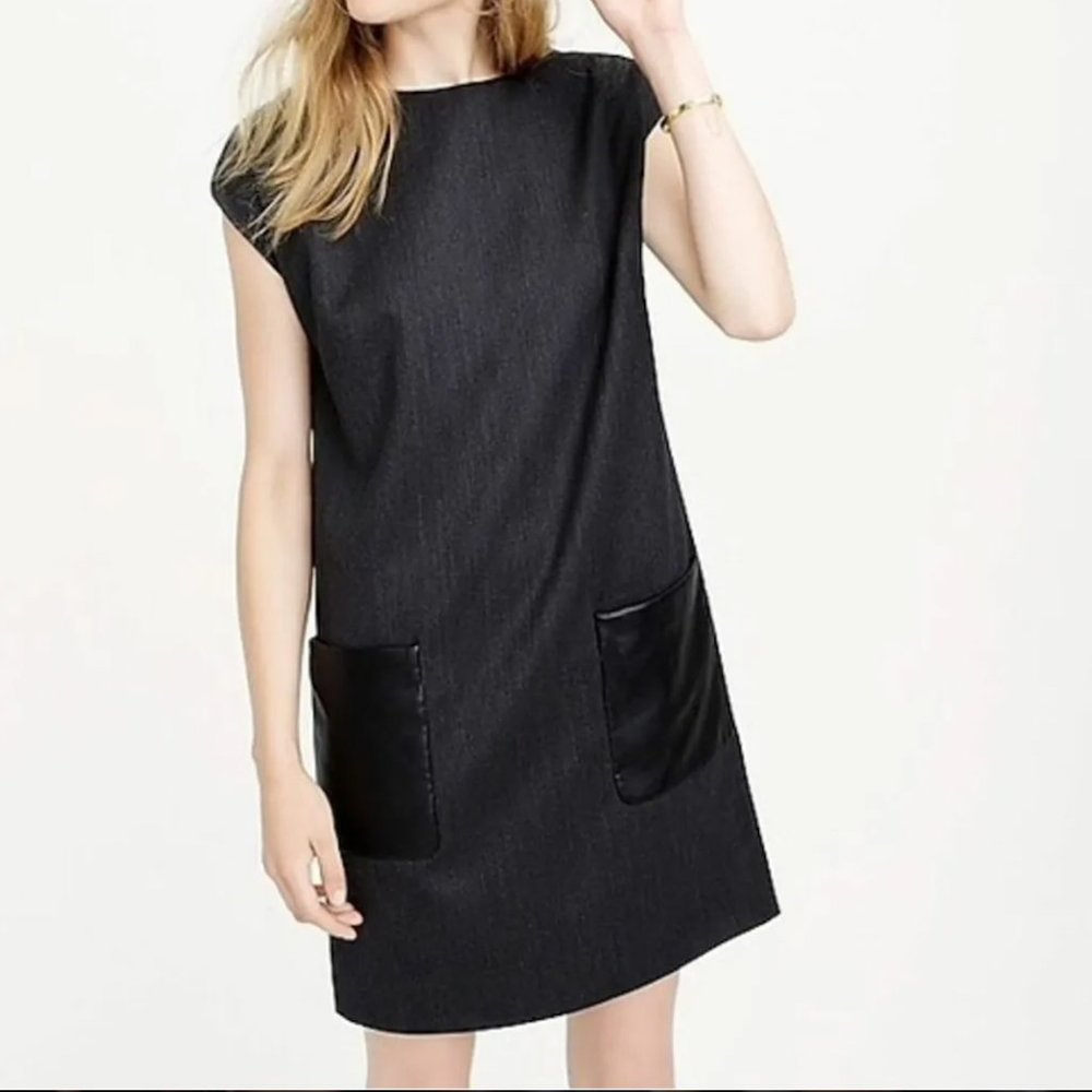 J Crew Dark Gray Shift Dress Faux Leather Pockets Size 0P